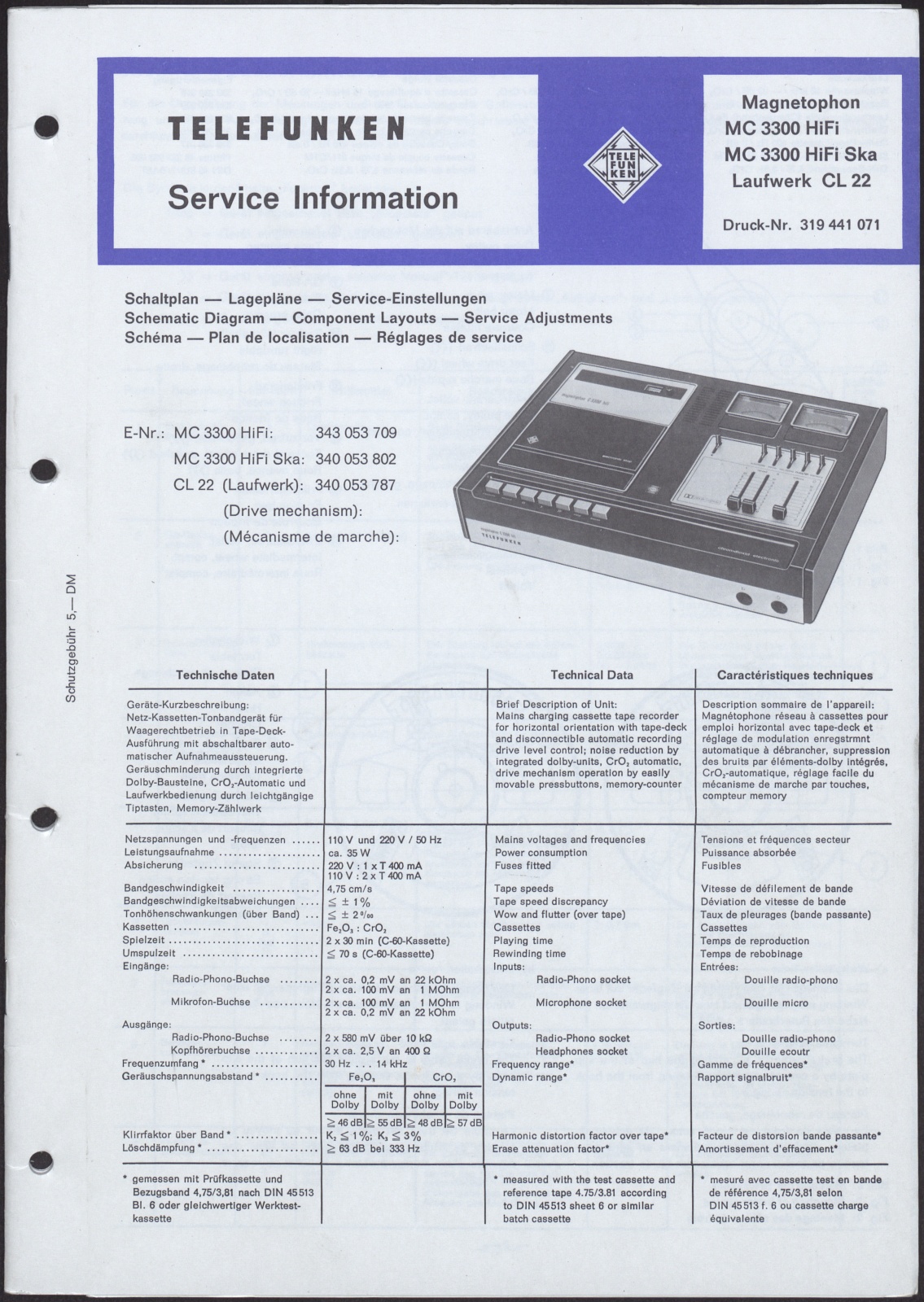 Bedienungsanleitung: Telefunken Service Information für Magnetophon MC 3300 HiFi, MC 3300 HiFi Ska und Laufwerk CL 22 (Stiftung Deutsches Technikmuseum Berlin CC0)