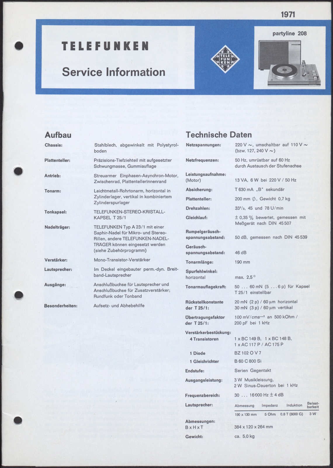 Bedienungsanleitung: Telefunken Service Information für Telefunken partyline 208 (Stiftung Deutsches Technikmuseum Berlin CC0)