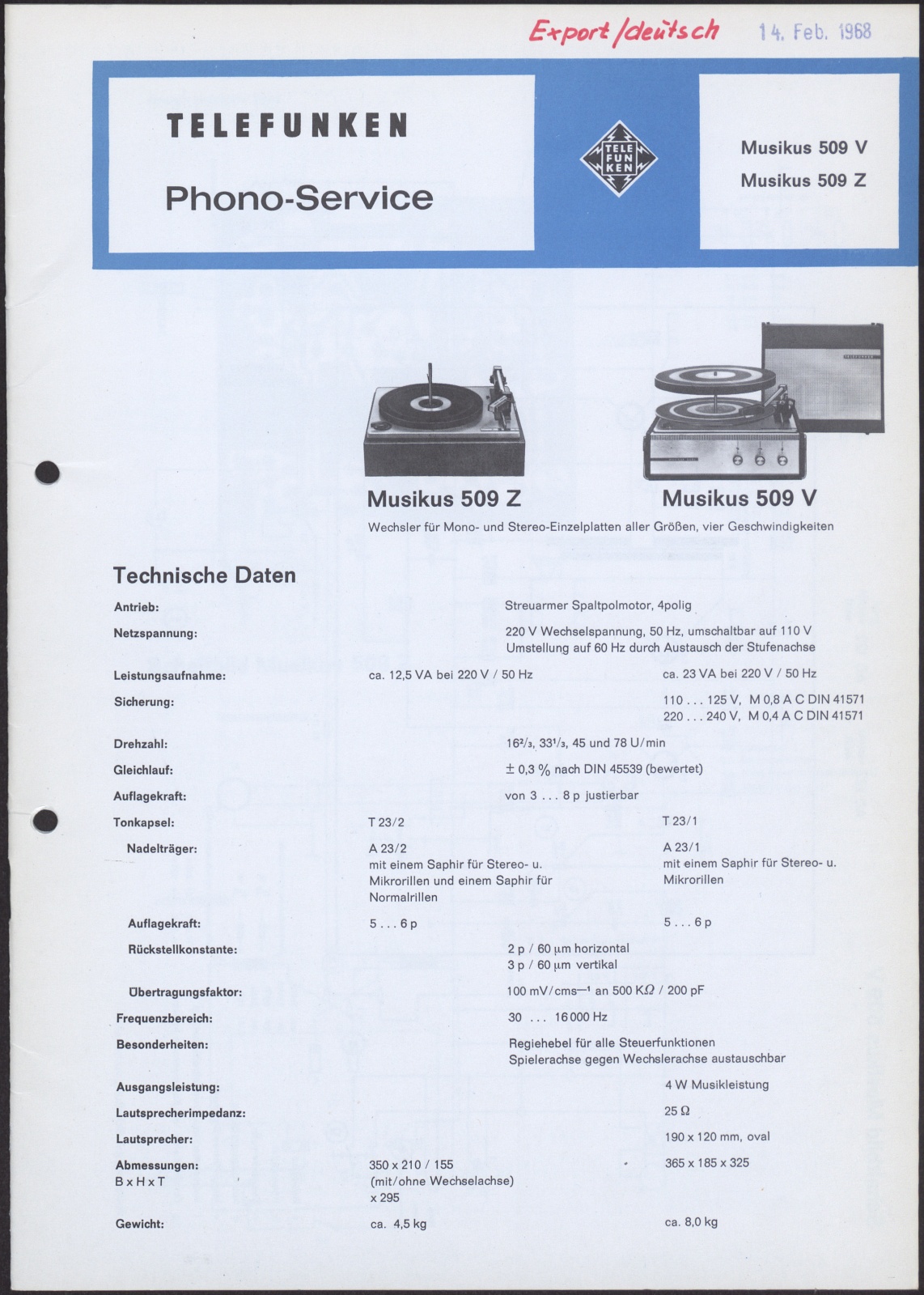 Bedienungsanleitung: Telefunken Phono-Service für Musikus 509 V und Musikus 509 Z (Stiftung Deutsches Technikmuseum Berlin CC0)