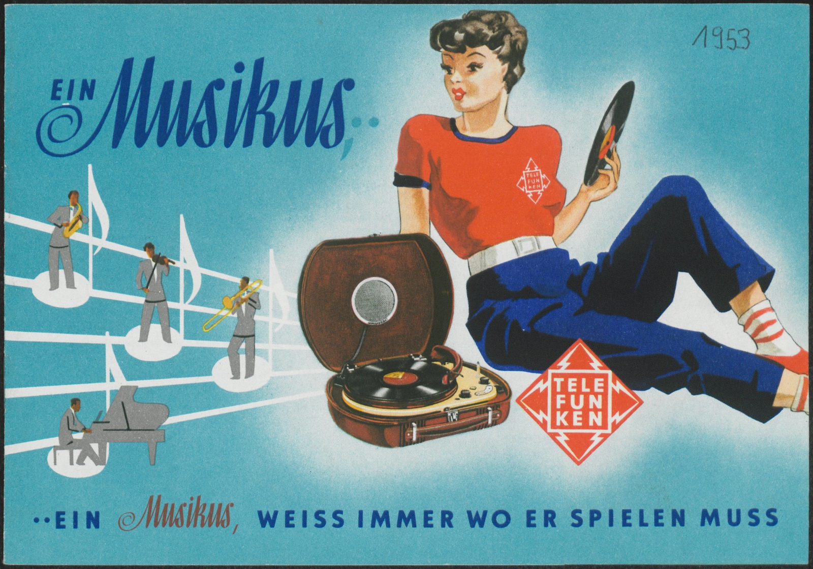 Werbeprospekt: Ein Musikus, ein Musikus, weiss immer wo er spielen muss (Stiftung Deutsches Technikmuseum Berlin CC0)