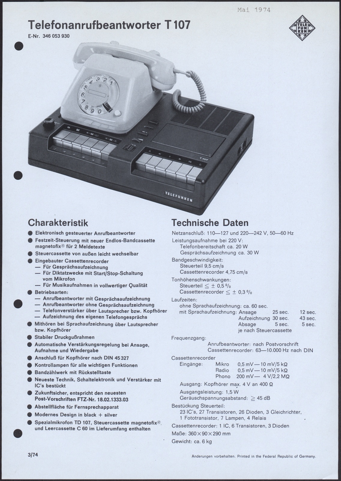 Werbeprospekt: Telefonanrufbeantworter T 107 (Stiftung Deutsches Technikmuseum Berlin CC0)