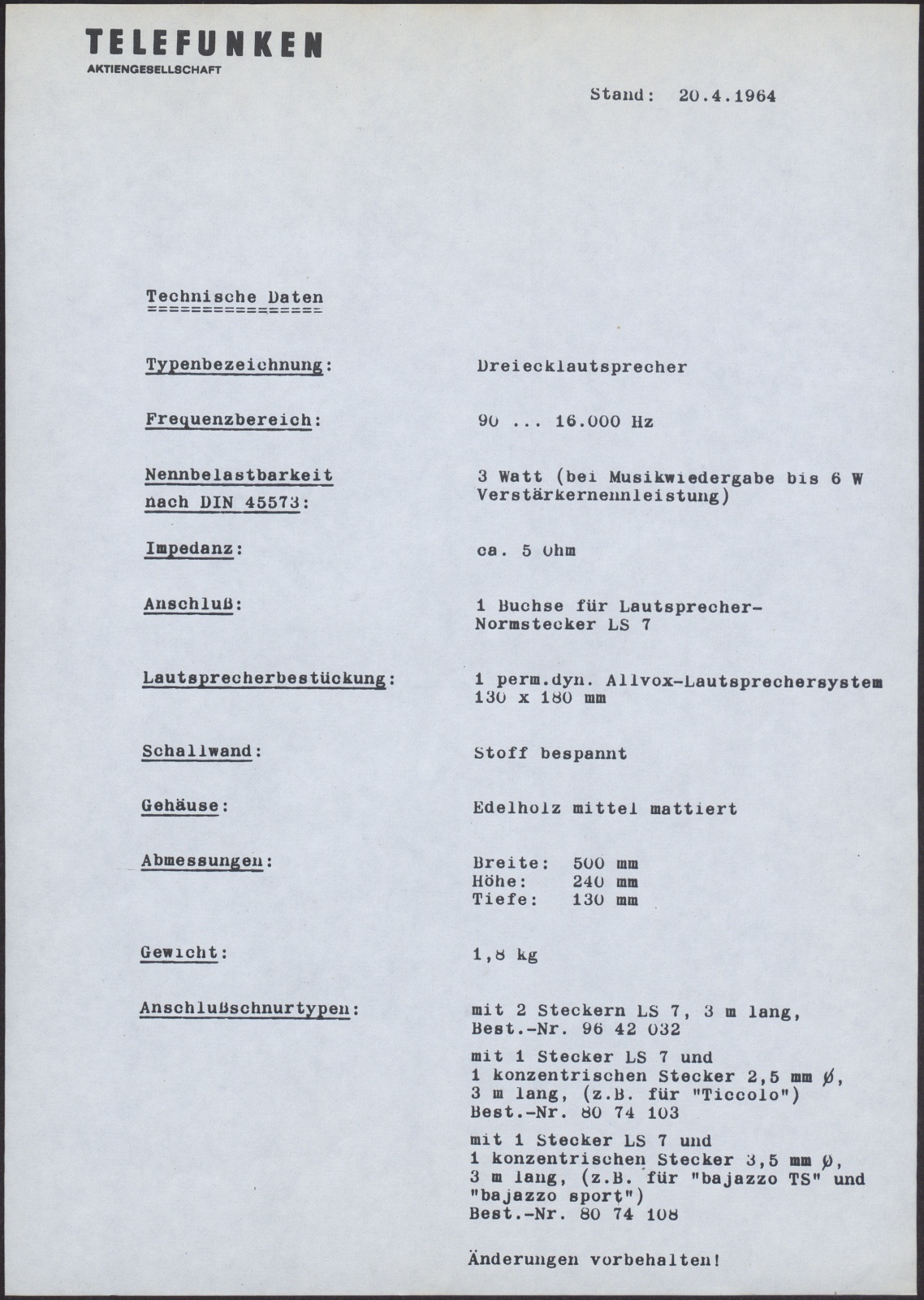Datenblatt: Datenblatt für Telefunken Dreiecklautsprecher (Stiftung Deutsches Technikmuseum Berlin CC0)