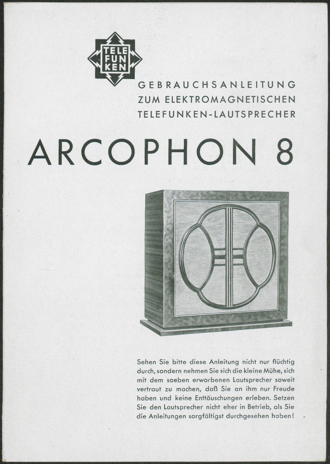 Bedienungsanleitung: Gebrauchsanweisung zum elektromagnetischen Telefunken-Lautsprecher Arcophon 8 (Stiftung Deutsches Technikmuseum Berlin CC0)