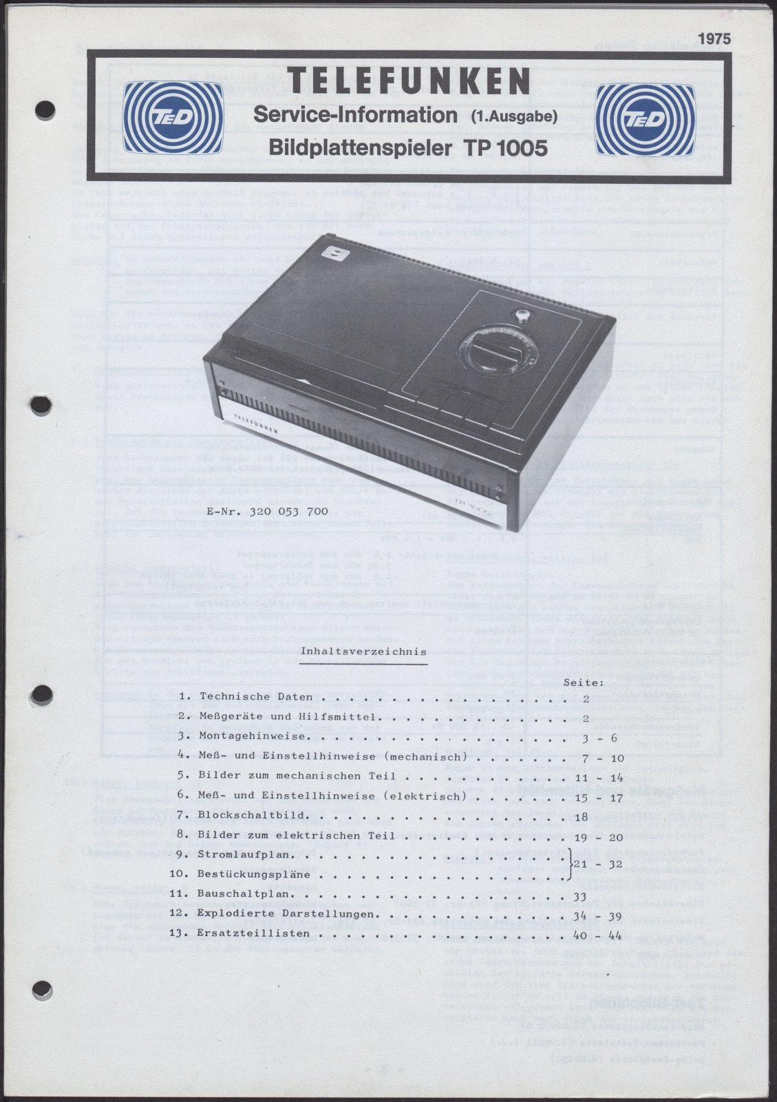 Werkstattanleitung: Telefunken Service-Information Bildplattenspieler TP 1005 : E-Nr. 320 053 700 (Stiftung Deutsches Technikmuseum Berlin CC0)