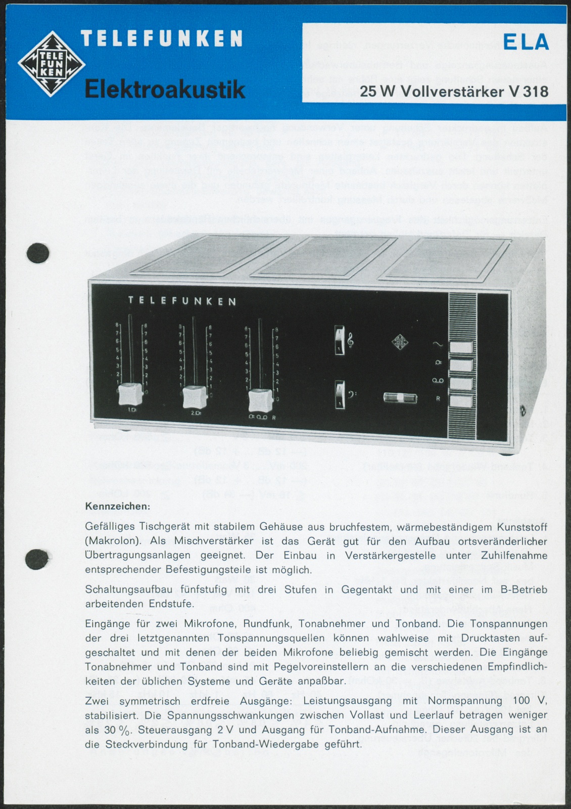 Typenblatt: Telefunken Elektroakustik : 100 W Vollverstärker ELA V 317 (Stiftung Deutsches Technikmuseum Berlin CC0)