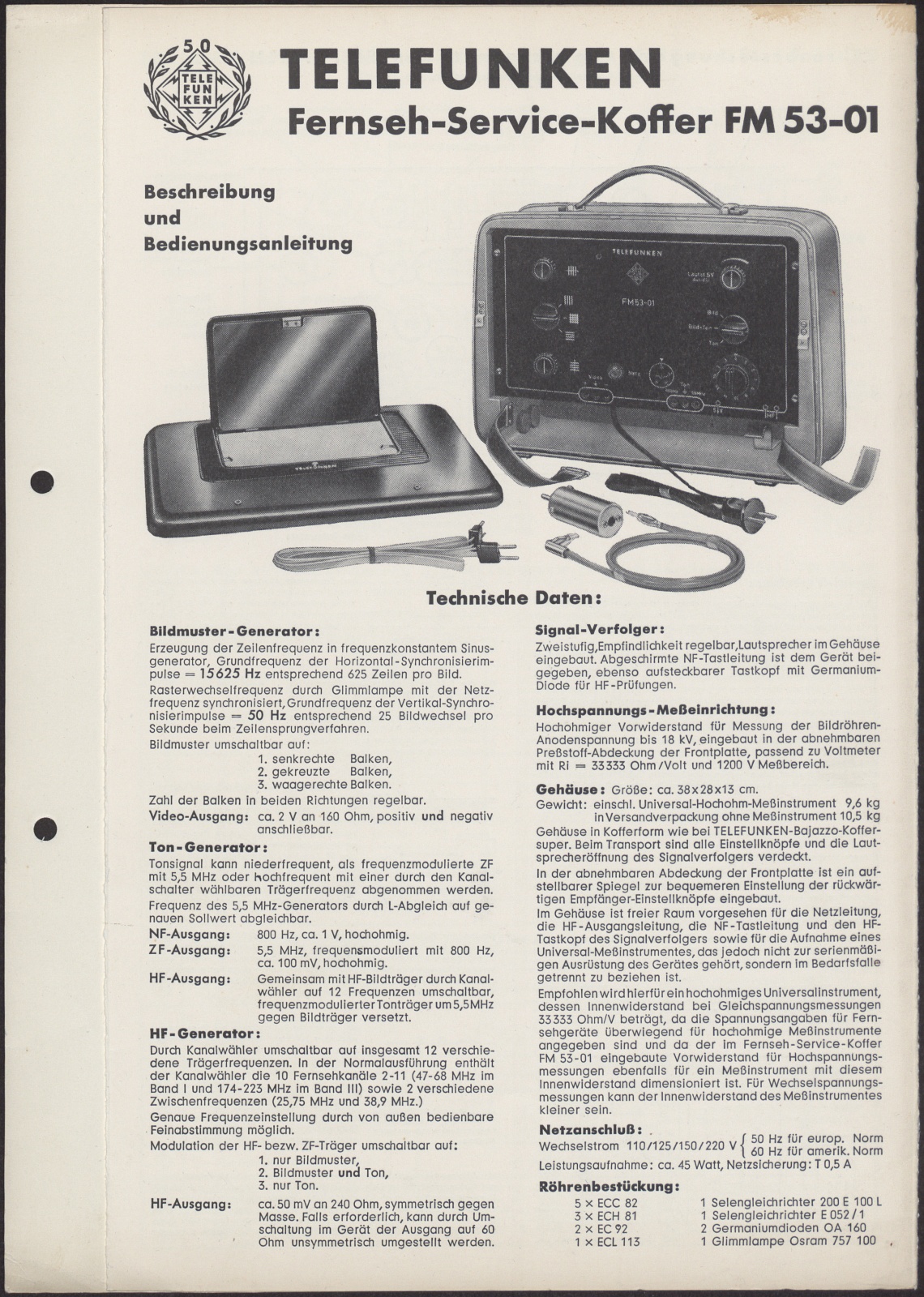 Bedienungsanleitung: Telefunken Fernseh - Service - Koffer FM 53 -01. Beschreibung und Bedienungsanleitung (Stiftung Deutsches Technikmuseum Berlin CC0)