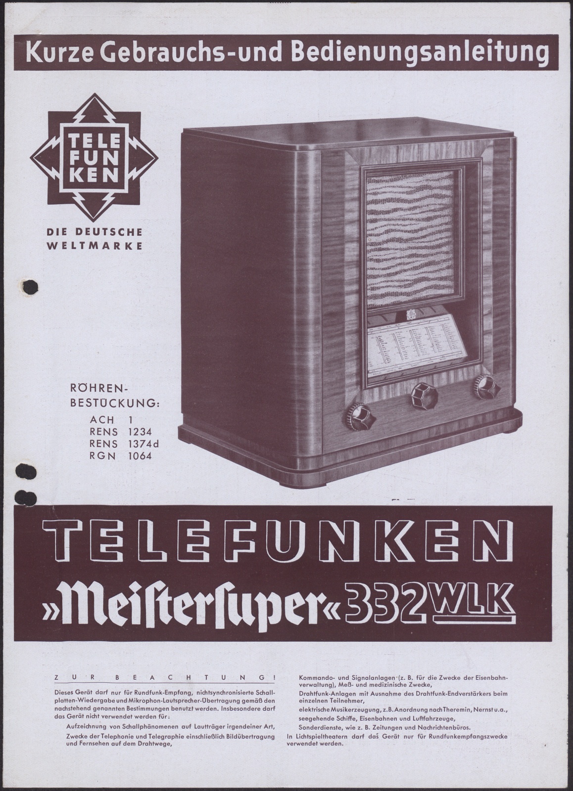 Bedienungsanleitung: Kurze Gebrauchs- und Bedienungsanleitung Telefunken "Meistersuper" 332 WLK (Stiftung Deutsches Technikmuseum Berlin CC0)