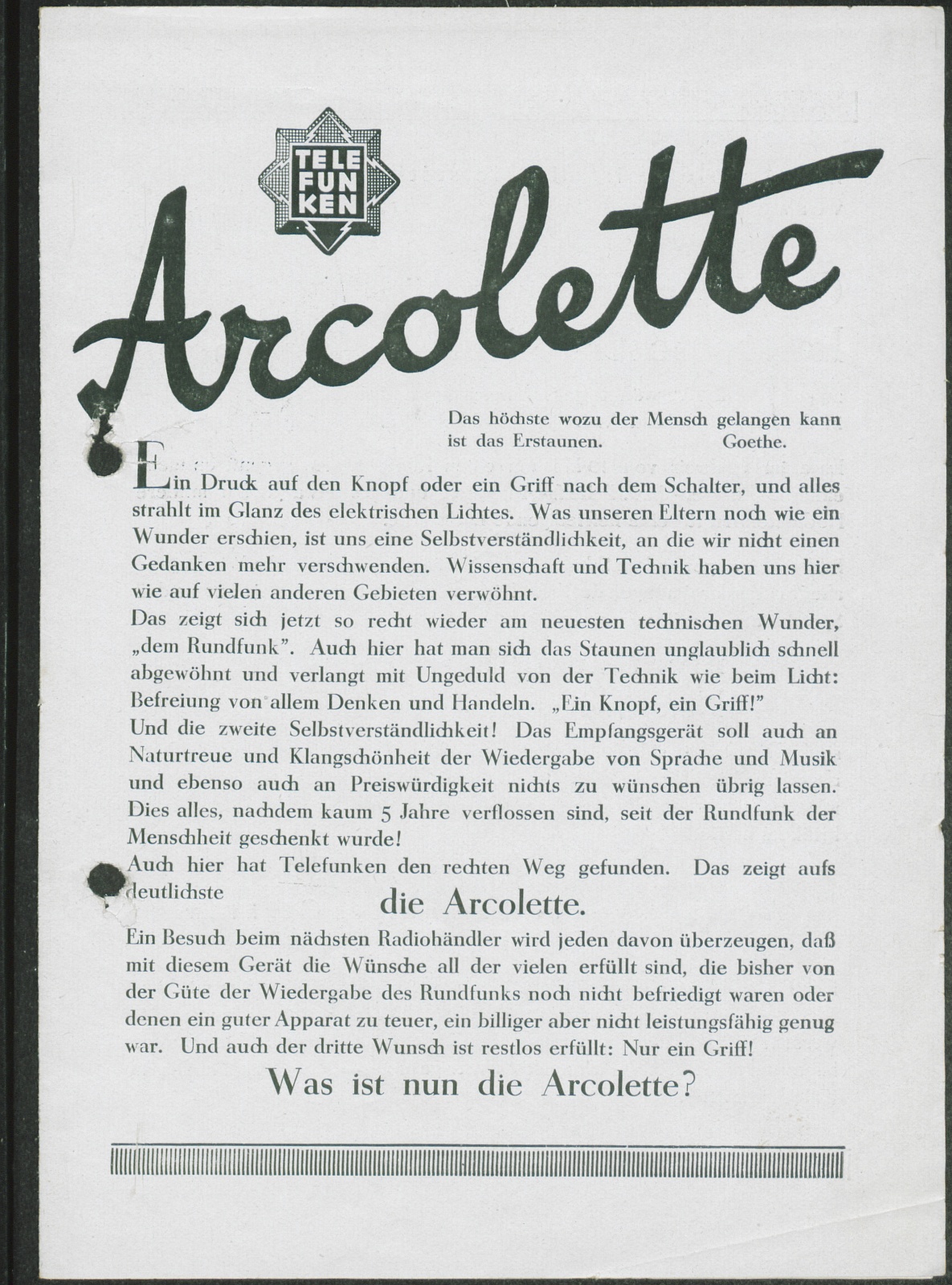 Werbeprospekt: Telefunken Arcolette (Stiftung Deutsches Technikmuseum Berlin CC0)