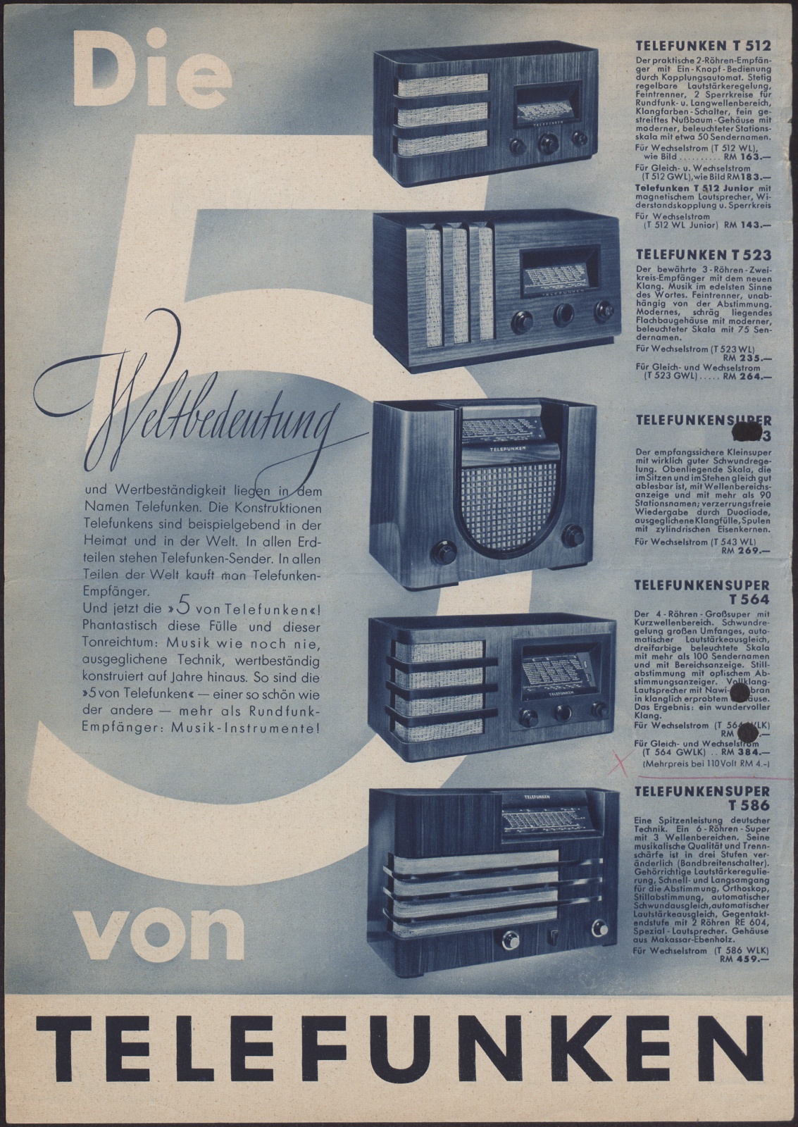 Werbeblatt: Die 5 : Weltbedeutung vonTelefunken (Stiftung Deutsches Technikmuseum Berlin CC0)