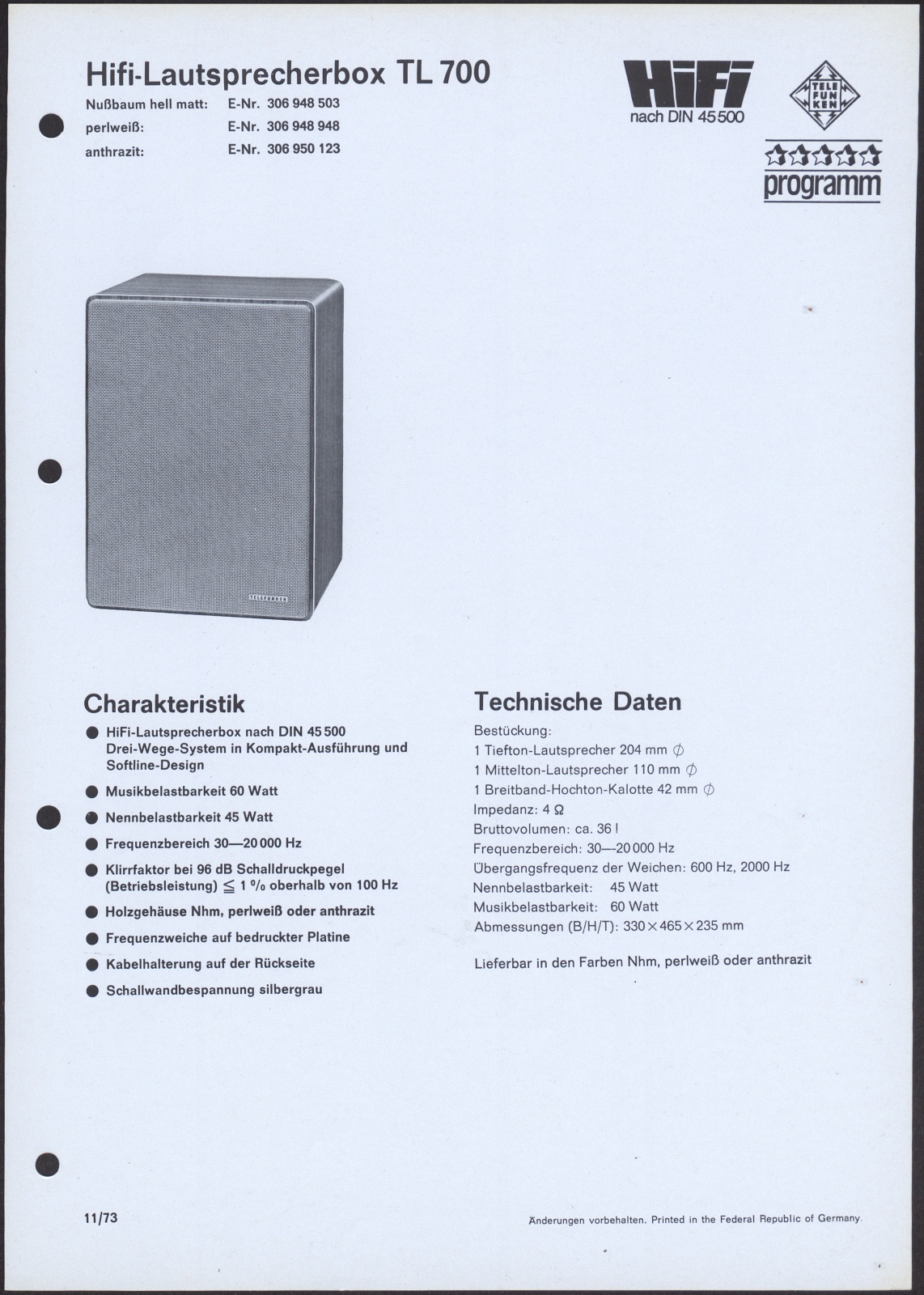 Datenblatt: Telefunken Hifi-Lautsprecherbox TL 700 (Stiftung Deutsches Technikmuseum Berlin CC0)