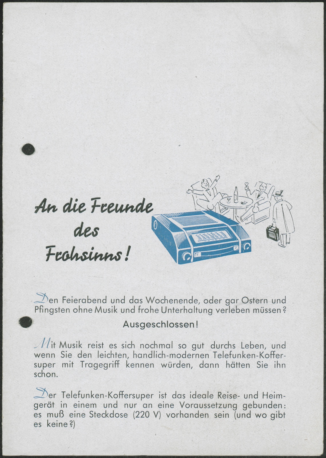 Werbeprospekt: An die Freunde des Frohsinns! Telefunken Koffersuper mit Tragegriff (Stiftung Deutsches Technikmuseum Berlin CC0)