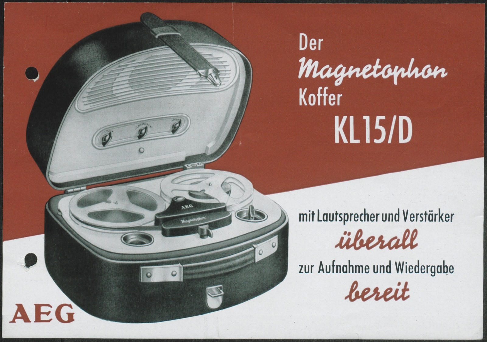 Werbeprospekt: Der Magnetophon Koffer KL15/D mit Lautsprecher und Verstärker überall zur Aufnahme und Wiedergabe bereit (Stiftung Deutsches Technikmuseum Berlin CC0)