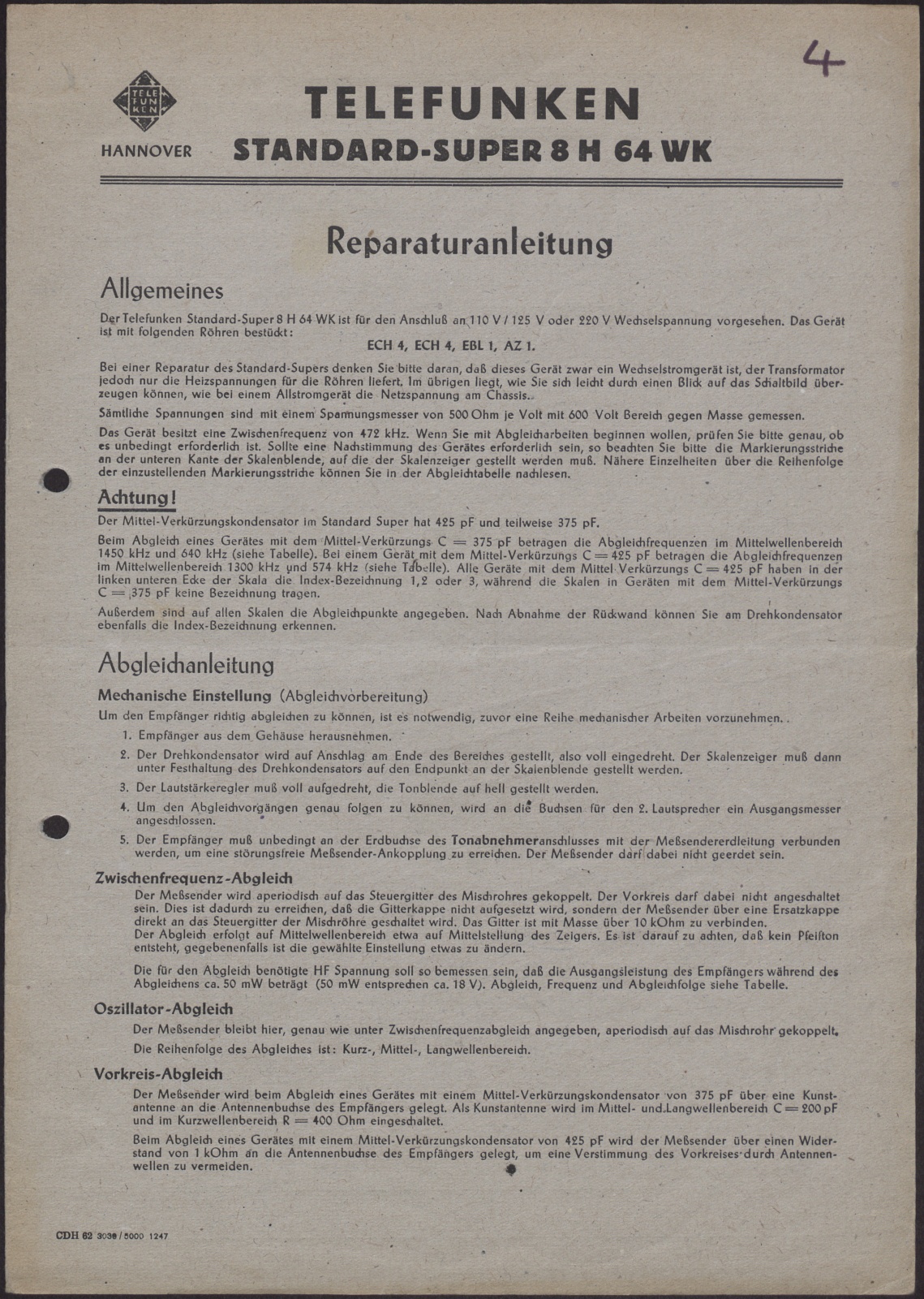 Bedienungsanleitung: Telefunken Standard Super 8 H 64 WK Reperaturanleitung (Stiftung Deutsches Technikmuseum Berlin CC0)