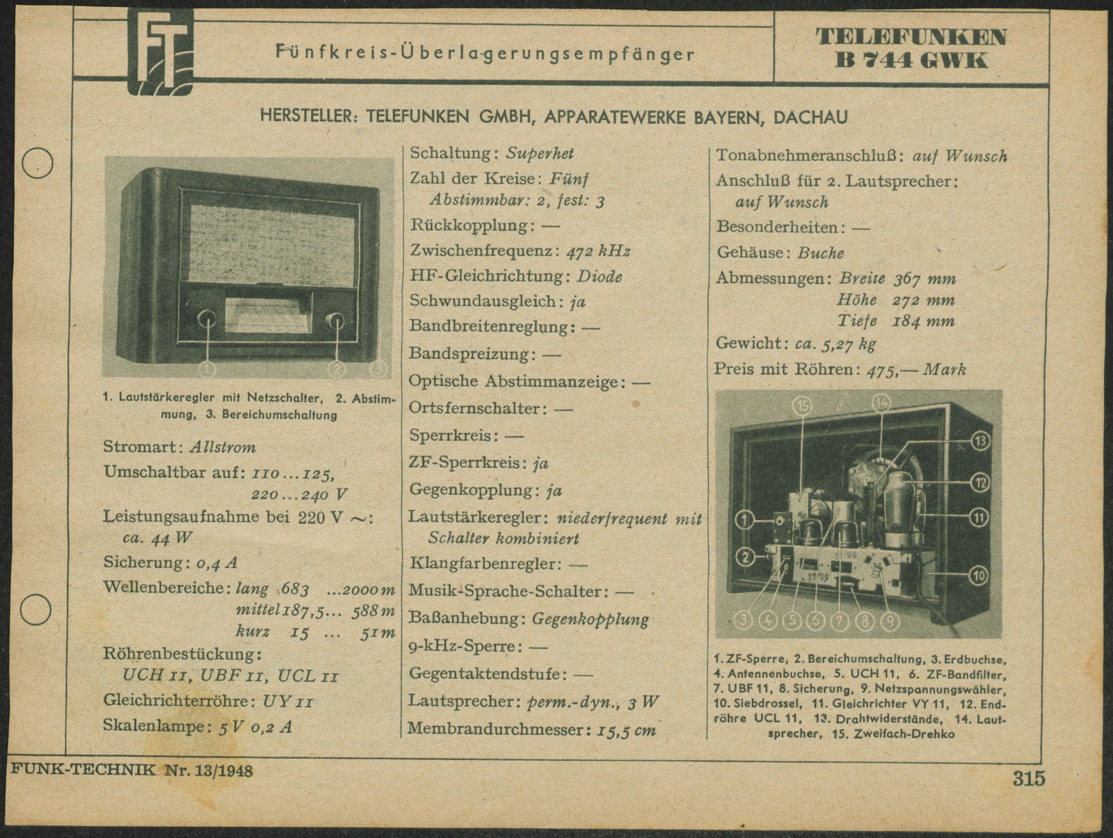 Schaltbild: Telefunken B 744 GWK (Stiftung Deutsches Technikmuseum Berlin CC0)
