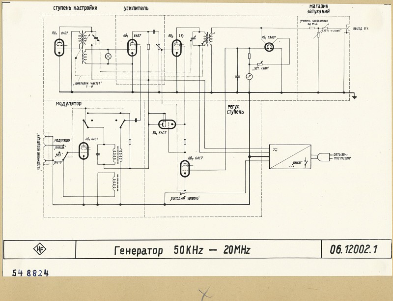 Dunkelschaltbild HF Sender 50 KHz # 20 MHz 06.12002.1 (russisch), Foto 1954 (www.industriesalon.de CC BY-SA)