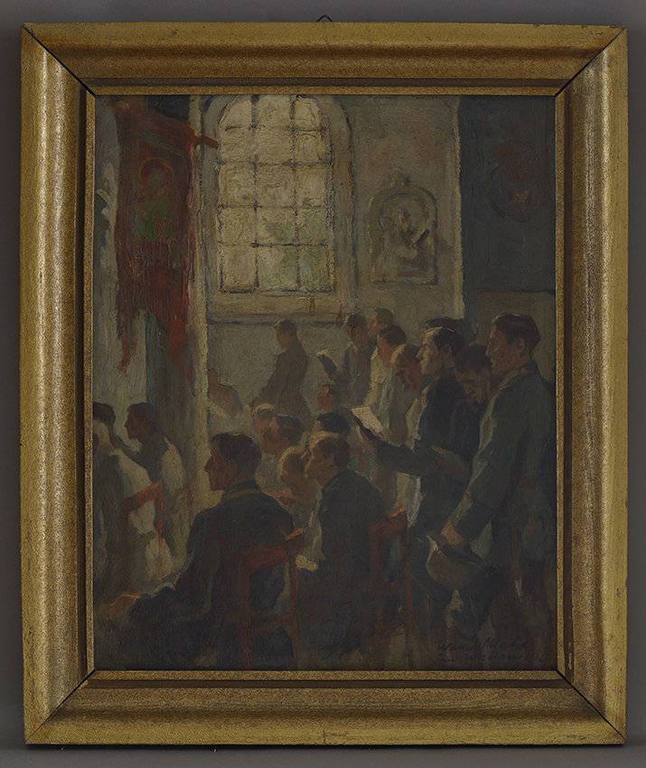 Miehe, Walter: Andacht in einer Kirche im Westen, 1916 (Stadtmuseum Brandenburg an der Havel Public Domain Mark)