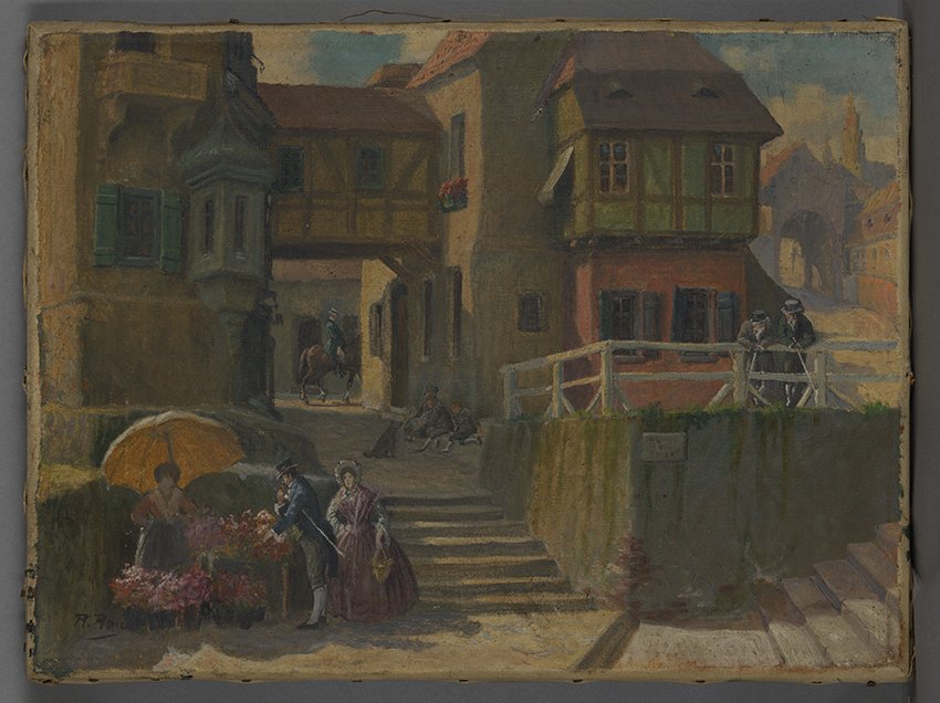 Rau, R: Straßenszene in einer altdeutschen Stadt, 1. Hälfte 20. Jahrhundert (Stadtmuseum Brandenburg an der Havel Public Domain Mark)