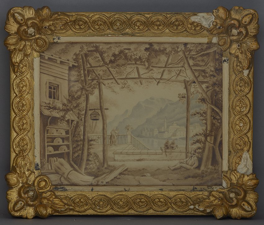 Unbekannt: Alpensee mit Ort, 1884 (Stadtmuseum Brandenburg an der Havel Public Domain Mark)