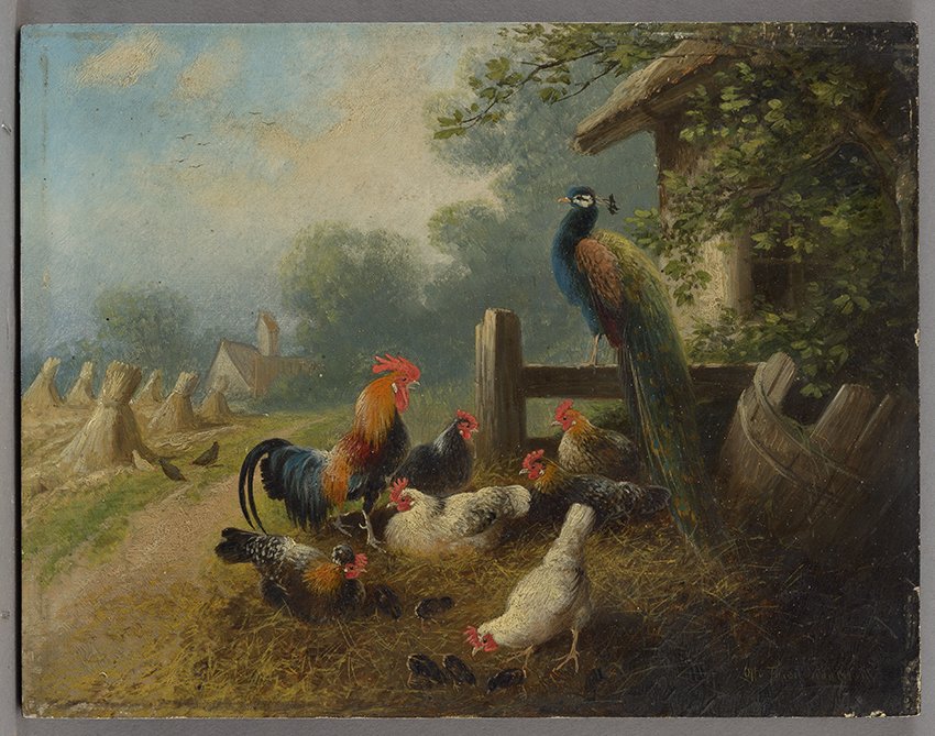 Scheuerer, Otto: Hühner am Wegesrand, Ende 19. Jahrhundert (Stadtmuseum Brandenburg an der Havel Public Domain Mark)
