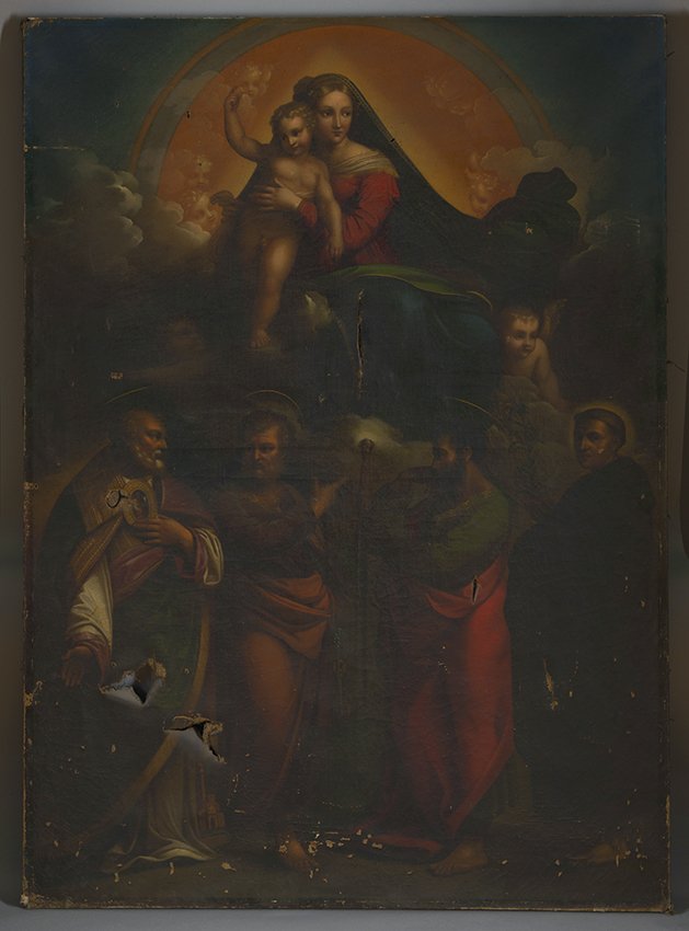 Raffael (nach): Auf Wolken thronende Madonna mit vier Heiligen, Mitte 19. Jahrhundert (Stadtmuseum Brandenburg an der Havel Public Domain Mark)