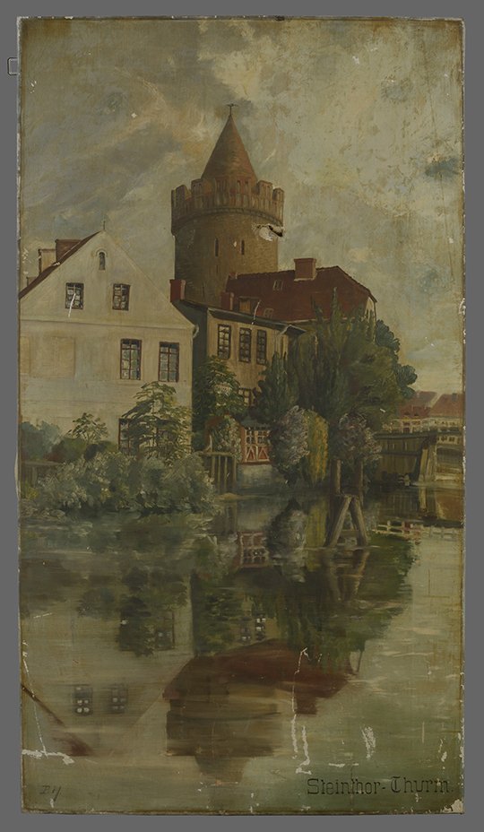 Hildebrandt, Paul: Steintorturm hinter der Uferbebauung über den Stadtkanal, 1930er Jahre (Stadtmuseum Brandenburg an der Havel Public Domain Mark)