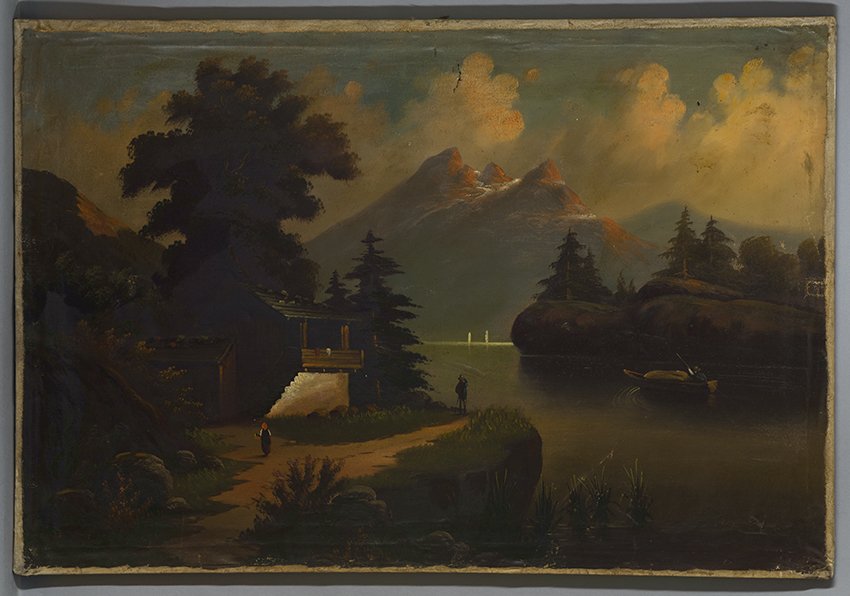 Unbekannt: Landschaft mit Waldhütte und See, 19. Jahrhundert (Stadtmuseum Brandenburg an der Havel Public Domain Mark)
