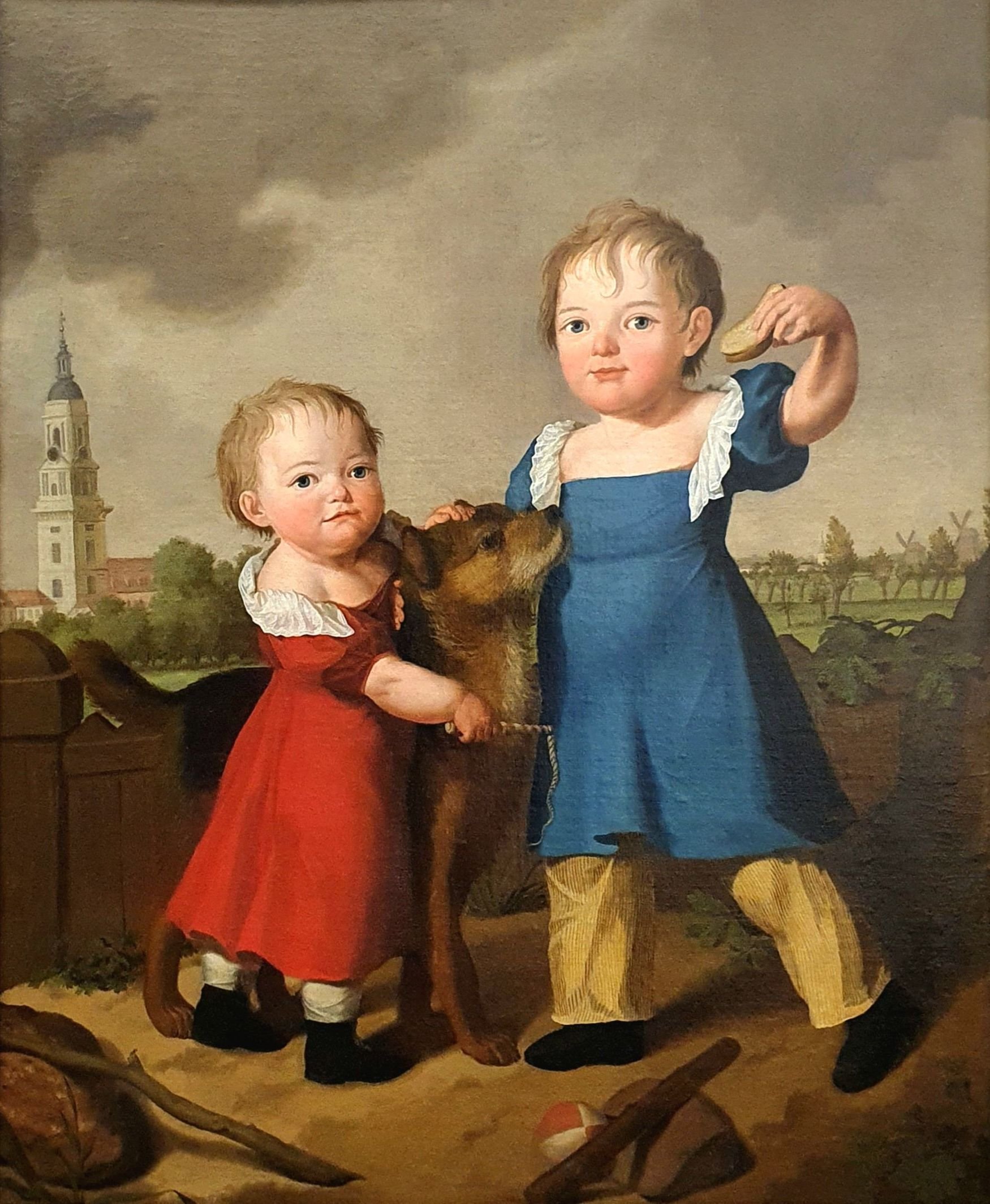 Porträt zweier Kinder mit Hund vor der Heiligengeistkirche (Potsdam Museum - Forum für Kunst und Geschichte CC BY-NC-SA)