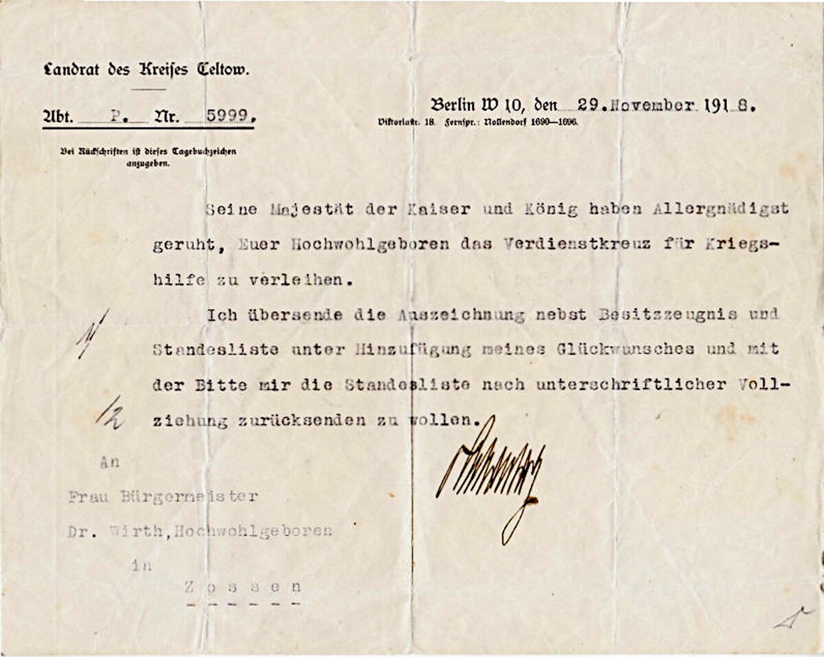 Dokument, Auszeichnung im Namen des Kaisers (Heimatverein "Alter Krug" Zossen e.V. CC BY-NC-SA)