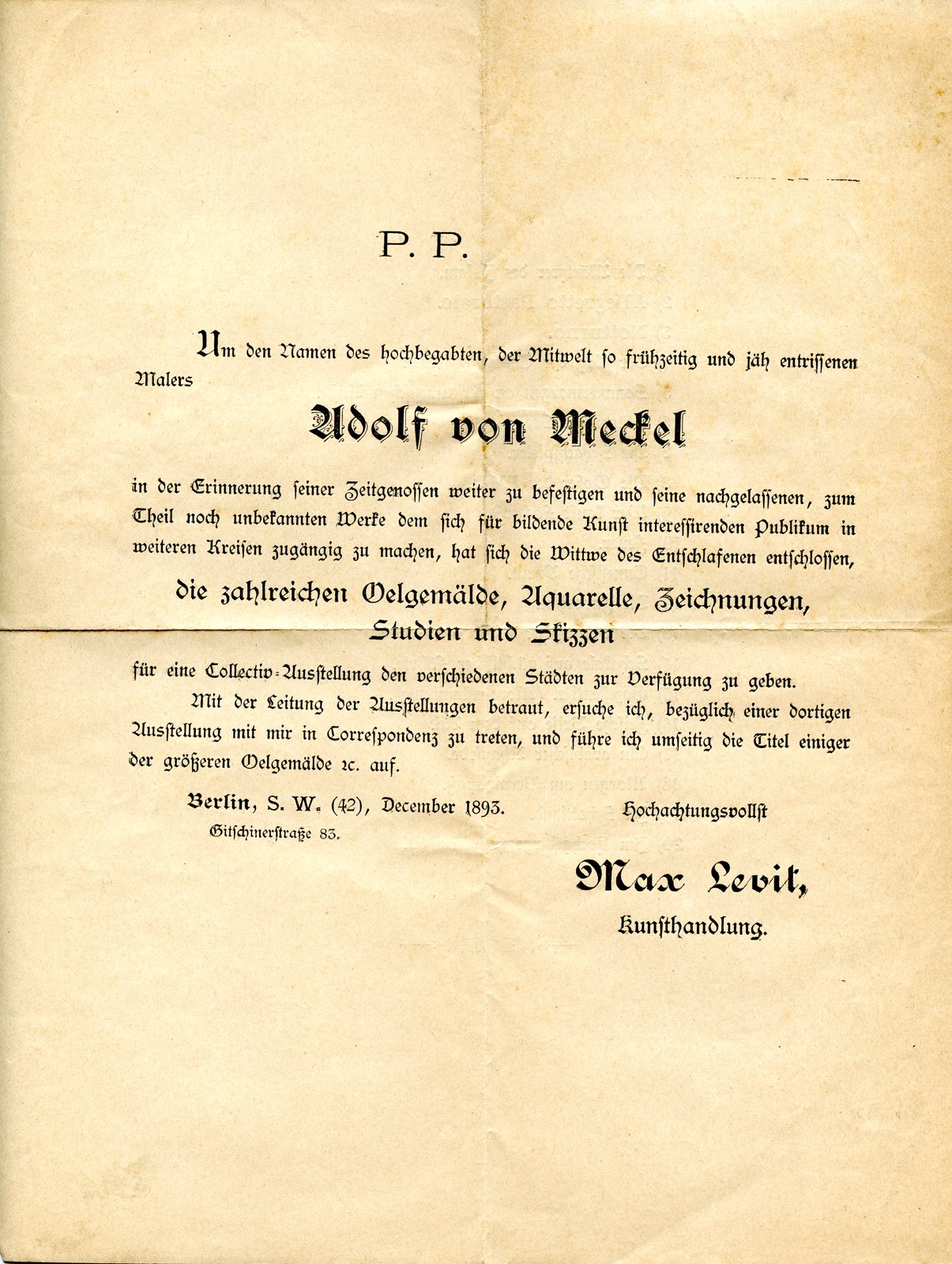 Levit, Ausstellungsangebot Meckel, 12. 1893 (Heimatverein "Alter Krug" Zossen e.V. CC BY-NC-SA)