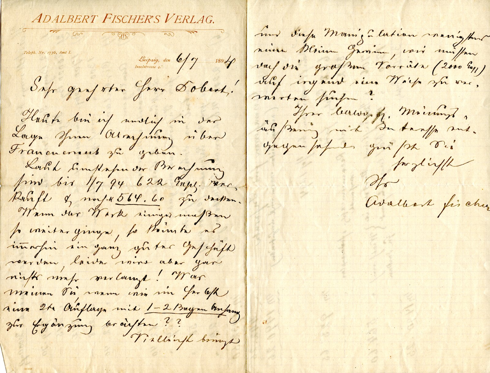 Fischer an Dobert, 06.07.1894 (Heimatverein "Alter Krug" Zossen e.V. CC BY-NC-SA)