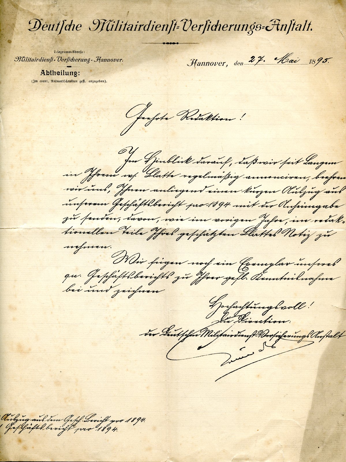 Militairversicherung an dobert, 27.05.1895 (Heimatverein "Alter Krug" Zossen e.V. CC BY-NC-SA)