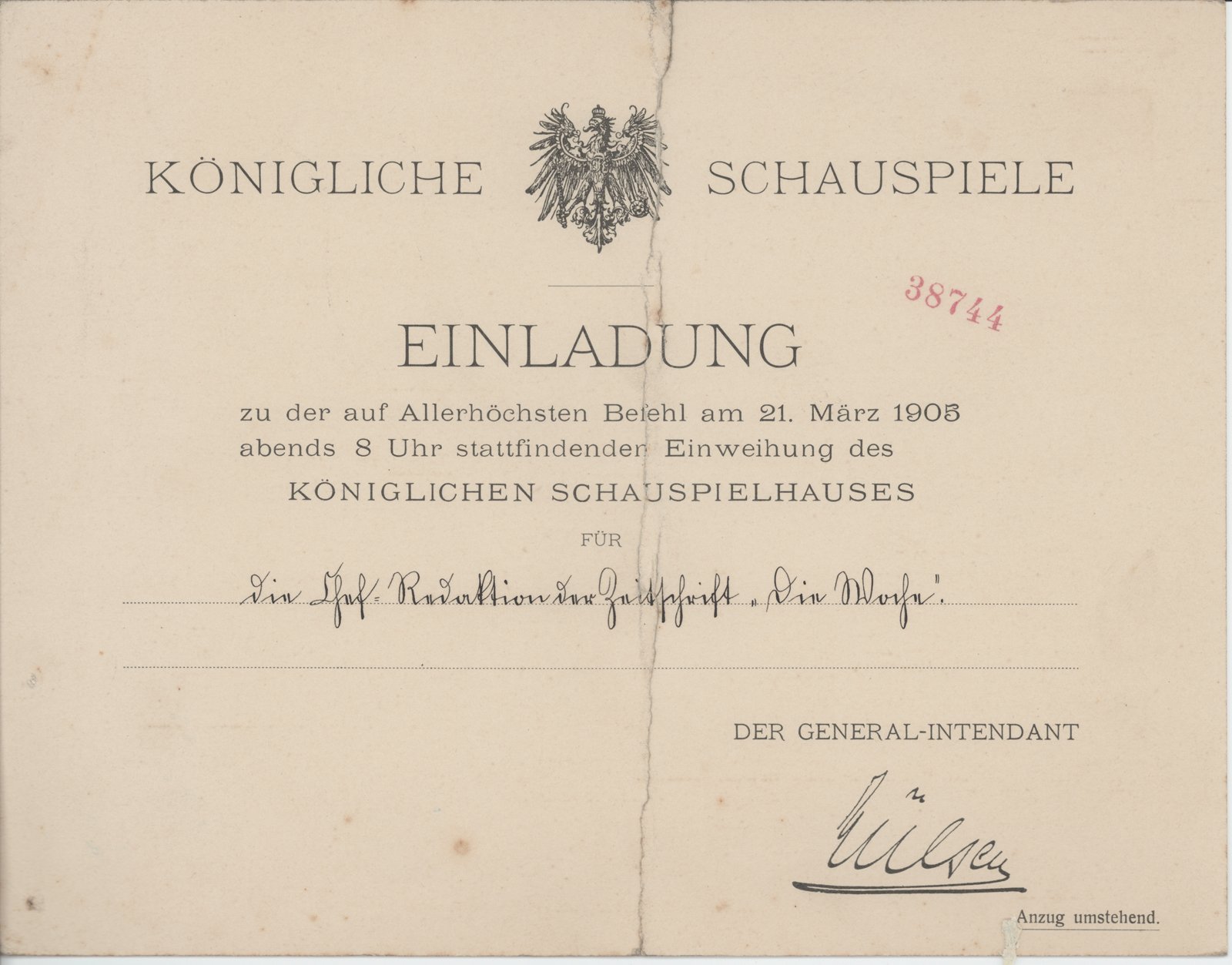Hülsen an Dobert, 21.03.1905 (Heimatverein "Alter Krug" Zossen e.V. CC BY-NC-SA)