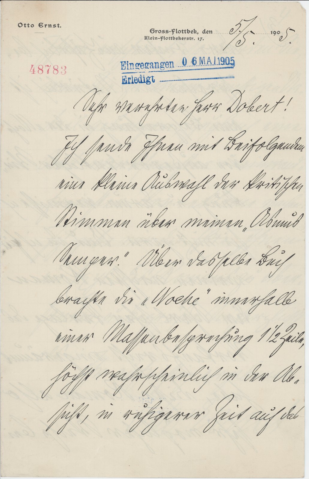 Ernst an Dobert, 05.05.1905 (Heimatverein "Alter Krug" Zossen e.V. CC BY-NC-SA)
