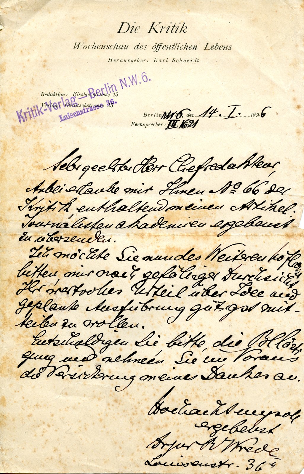 Wrede an Dobert, 14.01.1896 (Heimatverein "Alter Krug" Zossen e.V. CC BY-NC-SA)