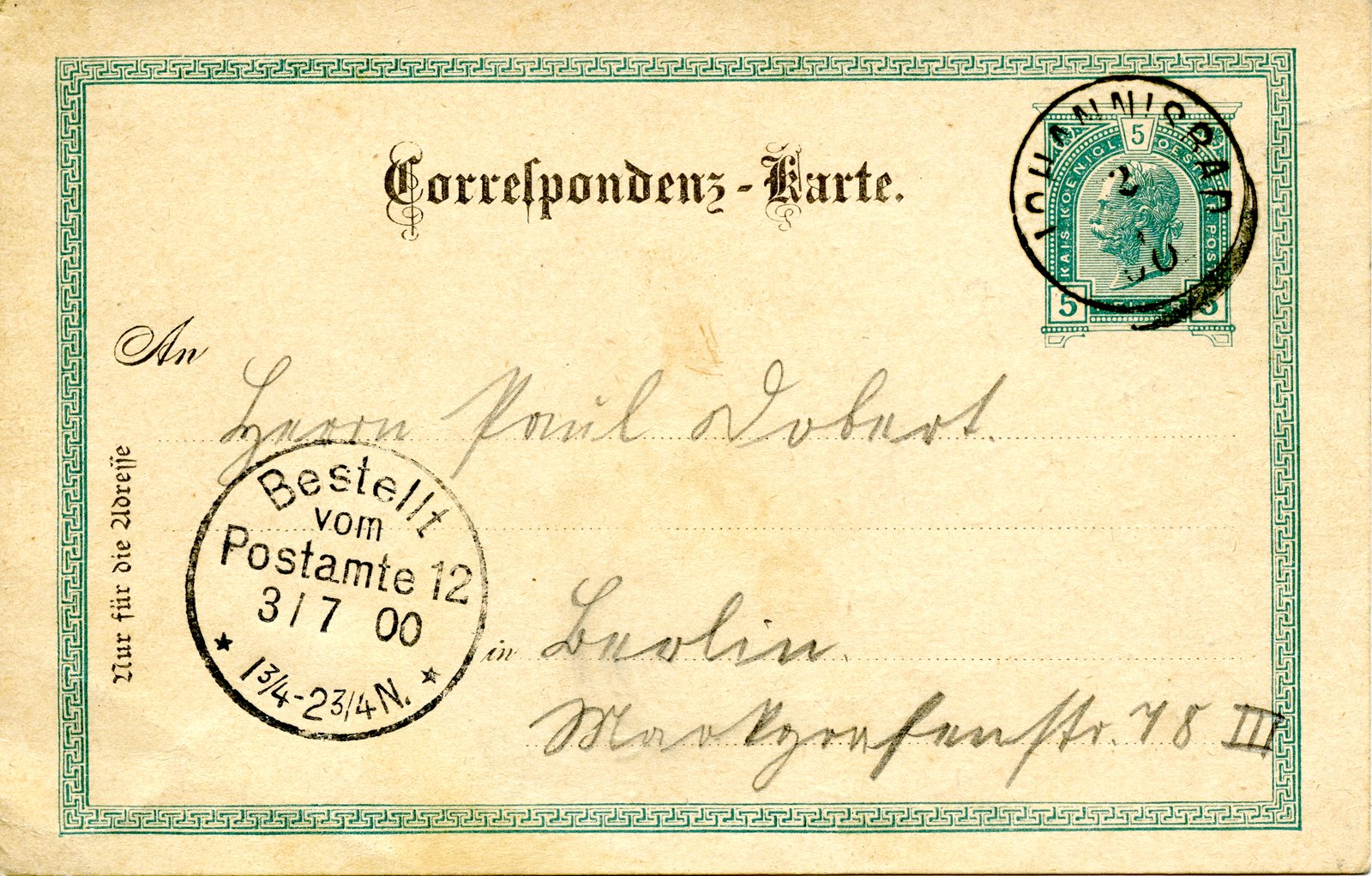 Greta Dobert an Paul Dobert, 03.07.1900 (Heimatverein "Alter Krug" Zossen e.V. CC BY-NC-SA)