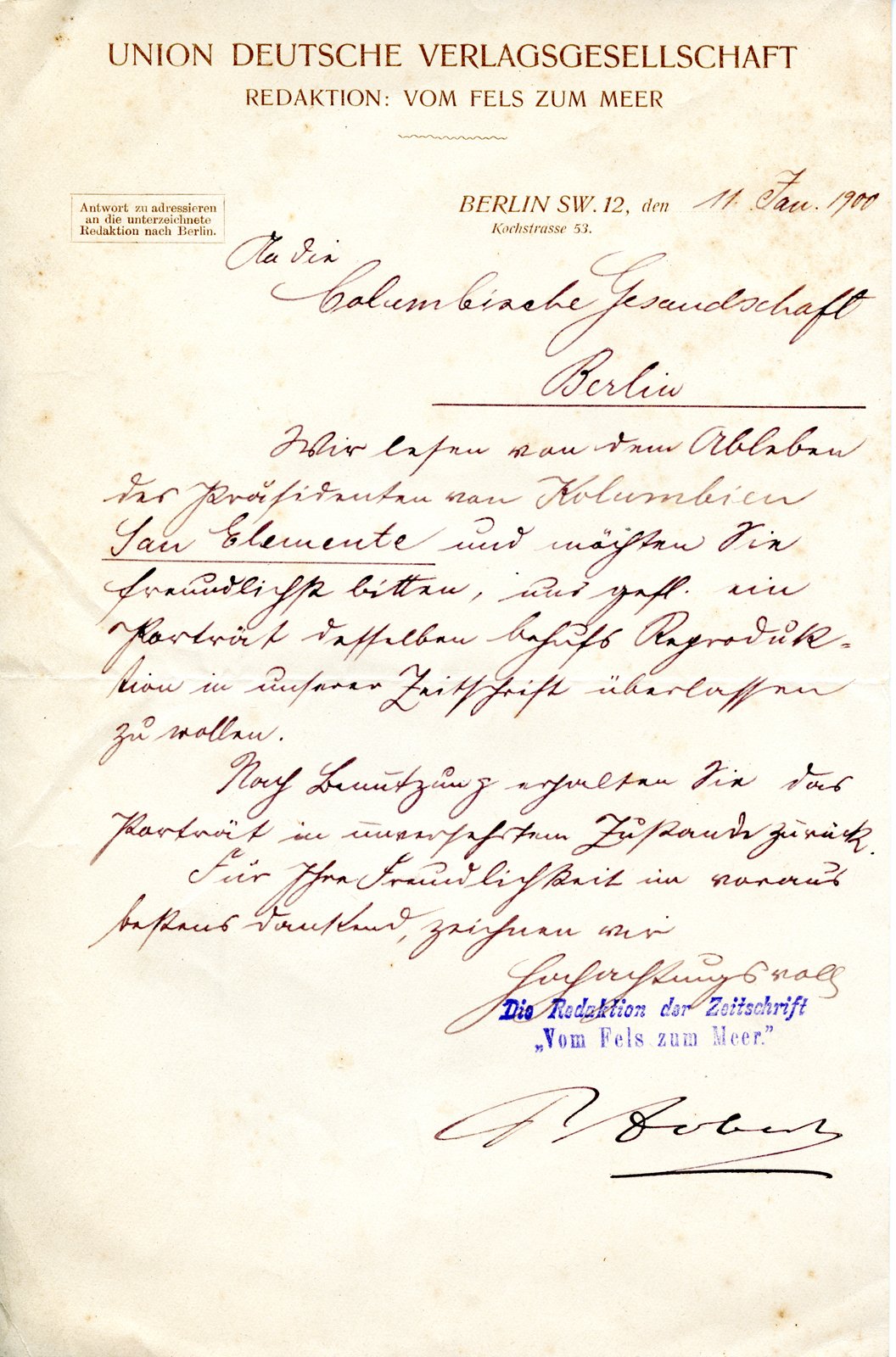 Dobert an Columbianische Gesandtschaft, 11.01.1900. (Heimatverein "Alter Krug" Zossen e.V. CC BY-NC-SA)