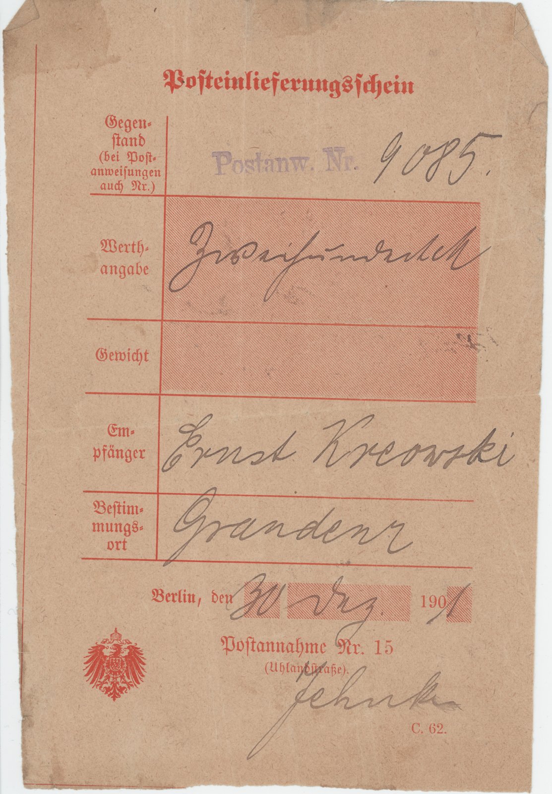 Posteinlieferung an Ernst Kreowski, 30.12.1901 (Heimatverein "Alter Krug" Zossen e.V. CC BY-NC-SA)