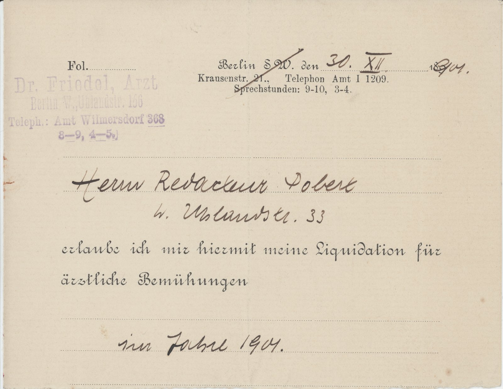 Arzt Friedel an dobert, 30.12.1901 (Heimatverein "Alter Krug" Zossen e.V. CC BY-NC-SA)