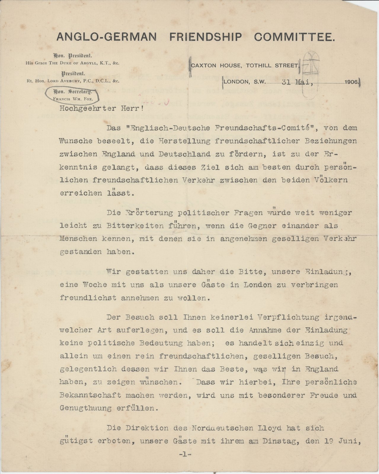 Anglo-Germann an Dobert, 31.05.1906 (Heimatverein "Alter Krug" Zossen e.V. CC BY-NC-SA)
