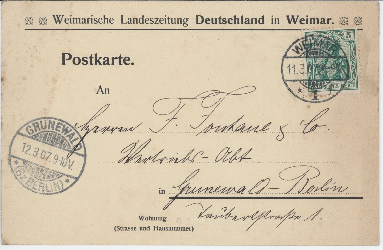 T. Steinhäuser an F.Fontane/Dobert, 11.03.1907 (Heimatverein "Alter Krug" Zossen e.V. CC BY-NC-SA)