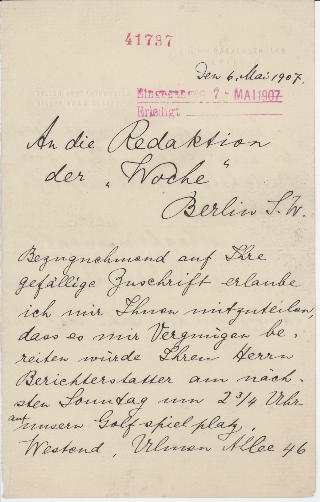 E.D. Barrows an Dobert, 06.07.1907 (Heimatverein "Alter Krug" Zossen e.V. CC BY-NC-SA)