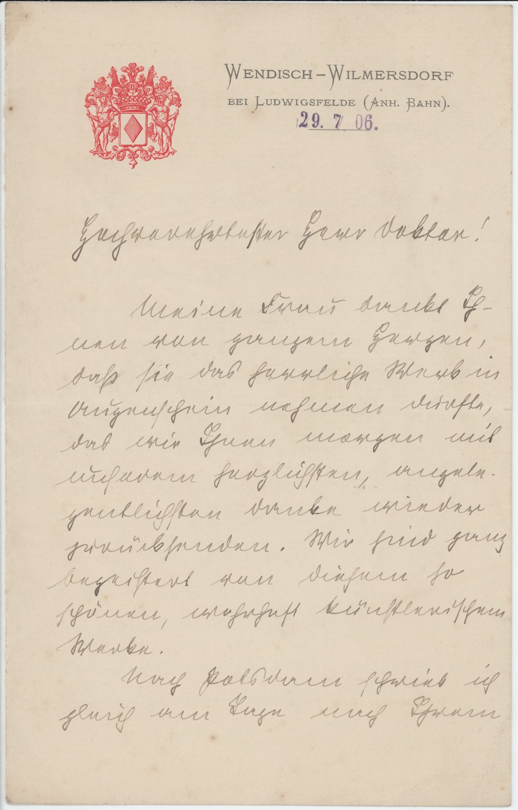 G. Schwerin an Dobert, 29.07.1906 (Heimatverein "Alter Krug" Zossen e.V. CC BY-NC-SA)