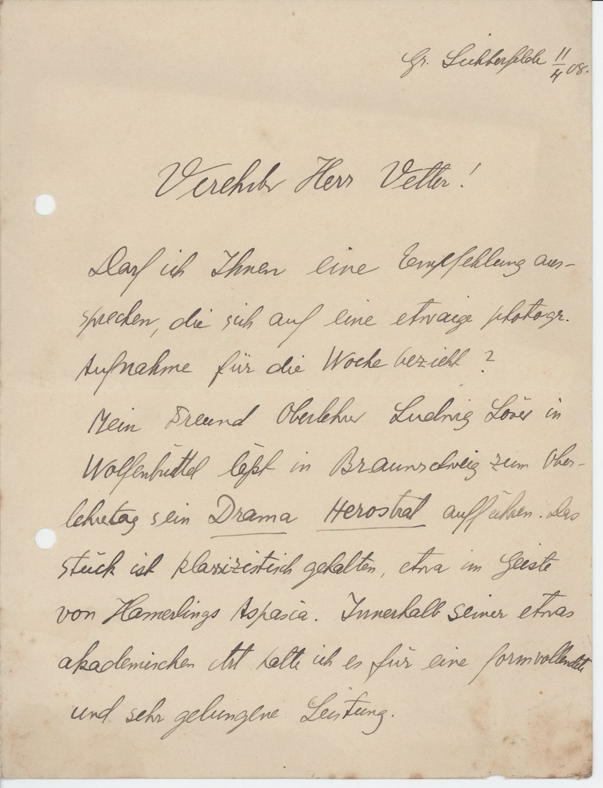 A. Vierkandt an Dobert, 11.04.1908 (Heimatverein "Alter Krug" Zossen e.V. CC BY-NC-SA)