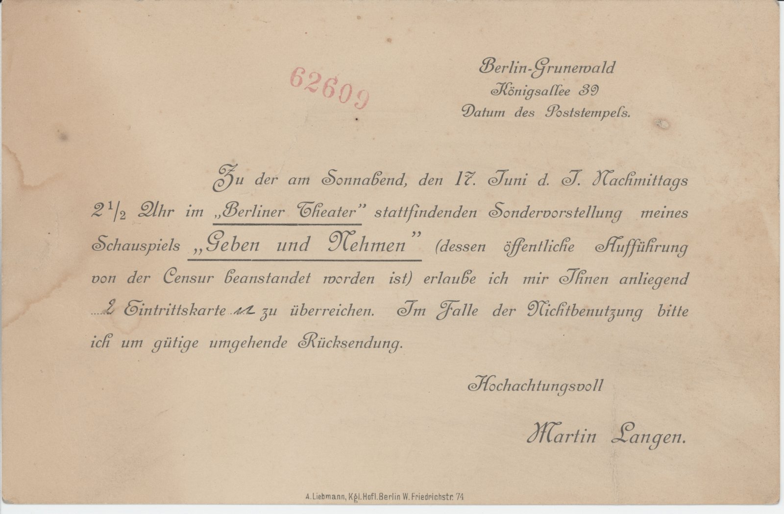 M. Langen an Dobert, 1911 (Heimatverein "Alter Krug" Zossen e.V. CC BY-NC-SA)