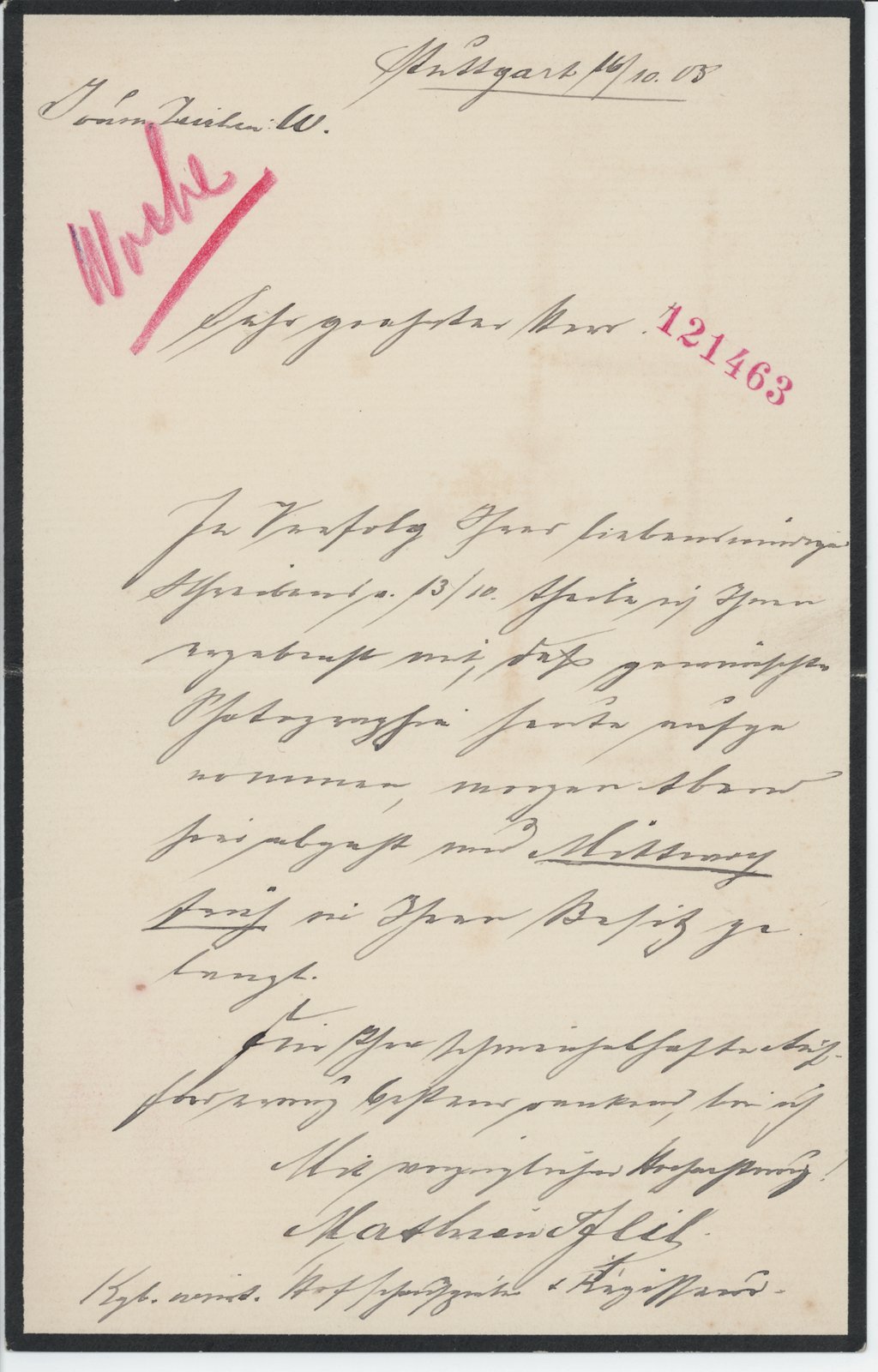 M. Pfeil an Dobert, 16.10.1903 (Heimatverein "Alter Krug" Zossen e.V. CC BY-NC-SA)