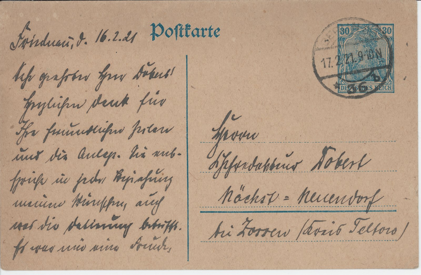 K. Schwittay an Dobert, 16.02.1921 (Heimatverein "Alter Krug" Zossen e.V. CC BY-NC-SA)