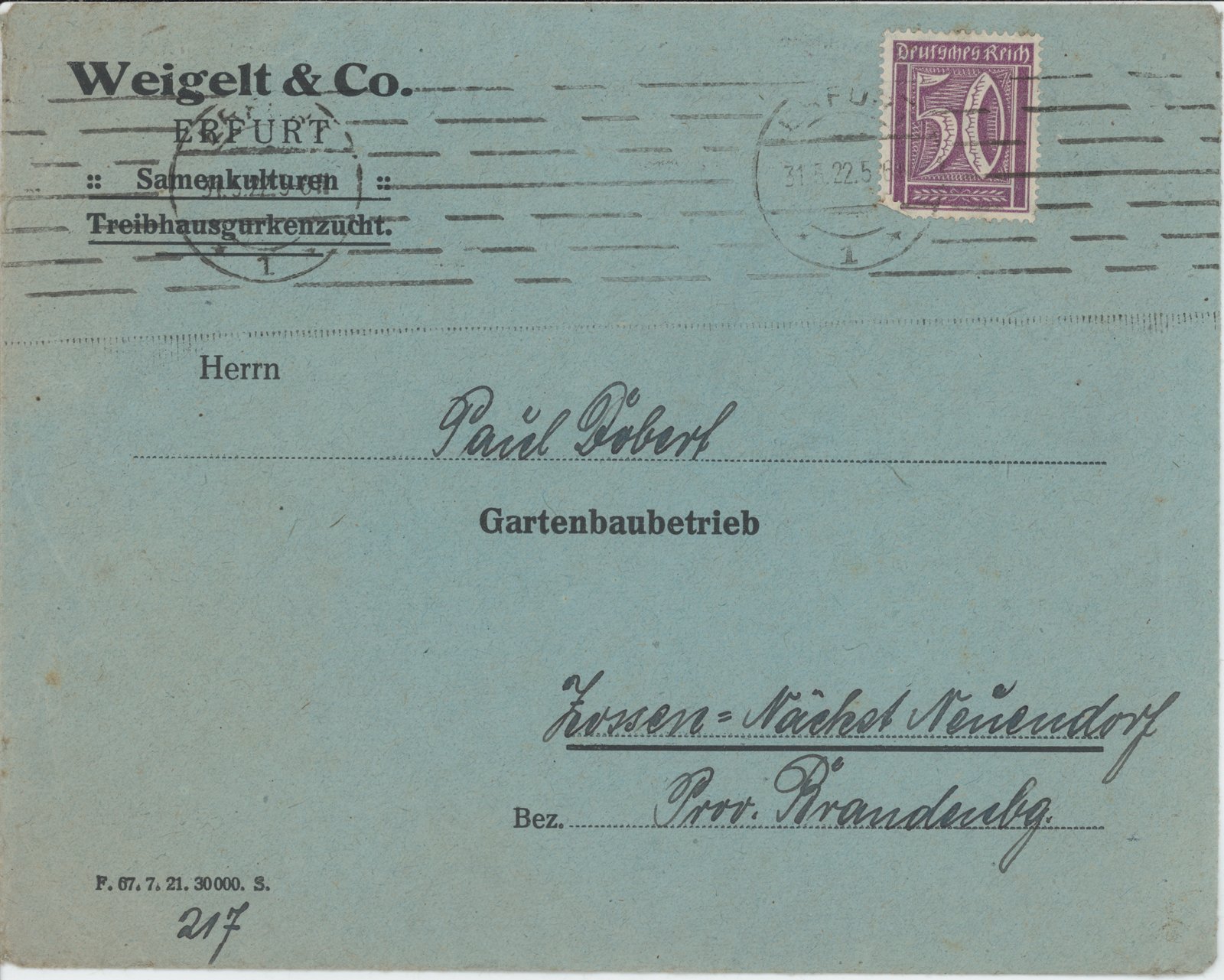 Fa. Weigelt an Dobert, 31.05.1922 (Heimatverein "Alter Krug" Zossen e.V. CC BY-NC-SA)