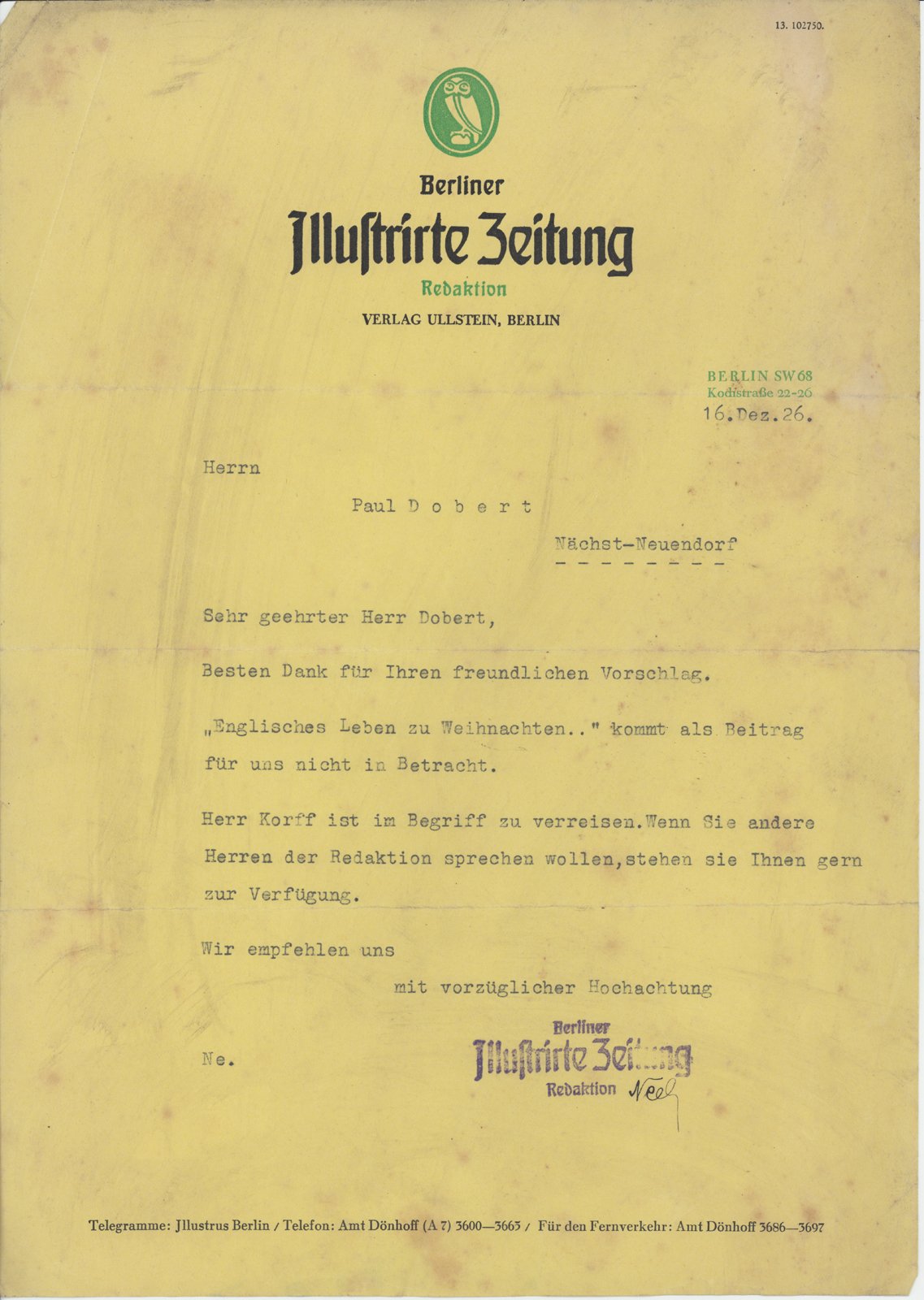 Illustriete Zeitung an Dobert, 16.12.1928 (Heimatverein "Alter Krug" Zossen e.V. CC BY-NC-SA)