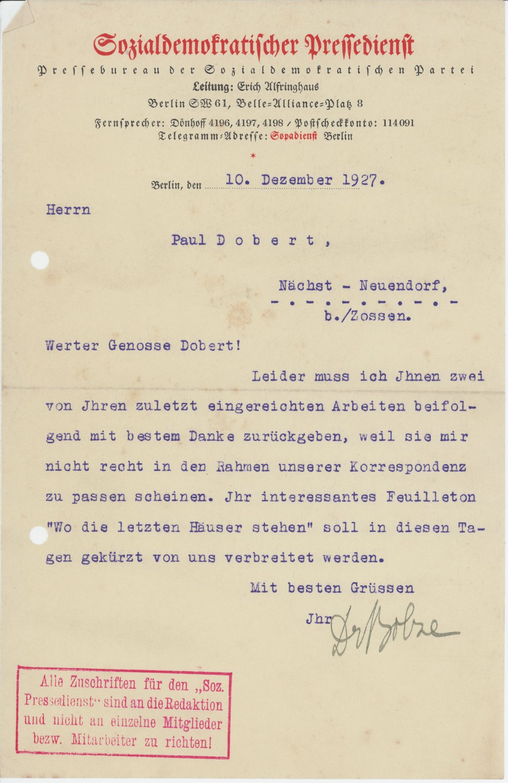 Sozdem Pressedienst an Dobert , 10.12.1929 (Heimatverein "Alter Krug" Zossen e.V. CC BY-NC-SA)
