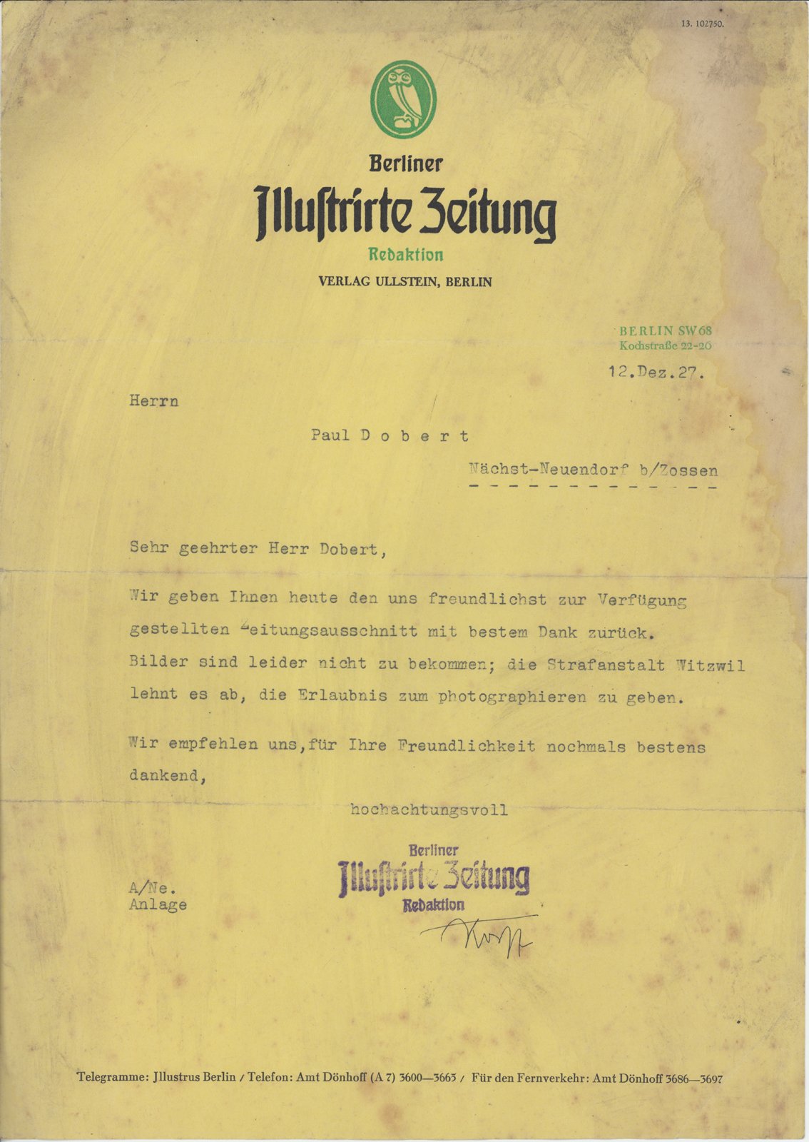 Illustrirte Zeitung an Dobert, 12.12.1927 (Heimatverein "Alter Krug" Zossen e.V. CC BY-NC-SA)